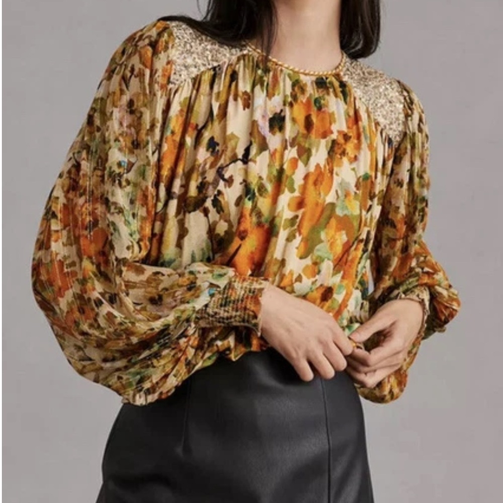Anthropologie blank London sequins lurex abstract print blouse XS